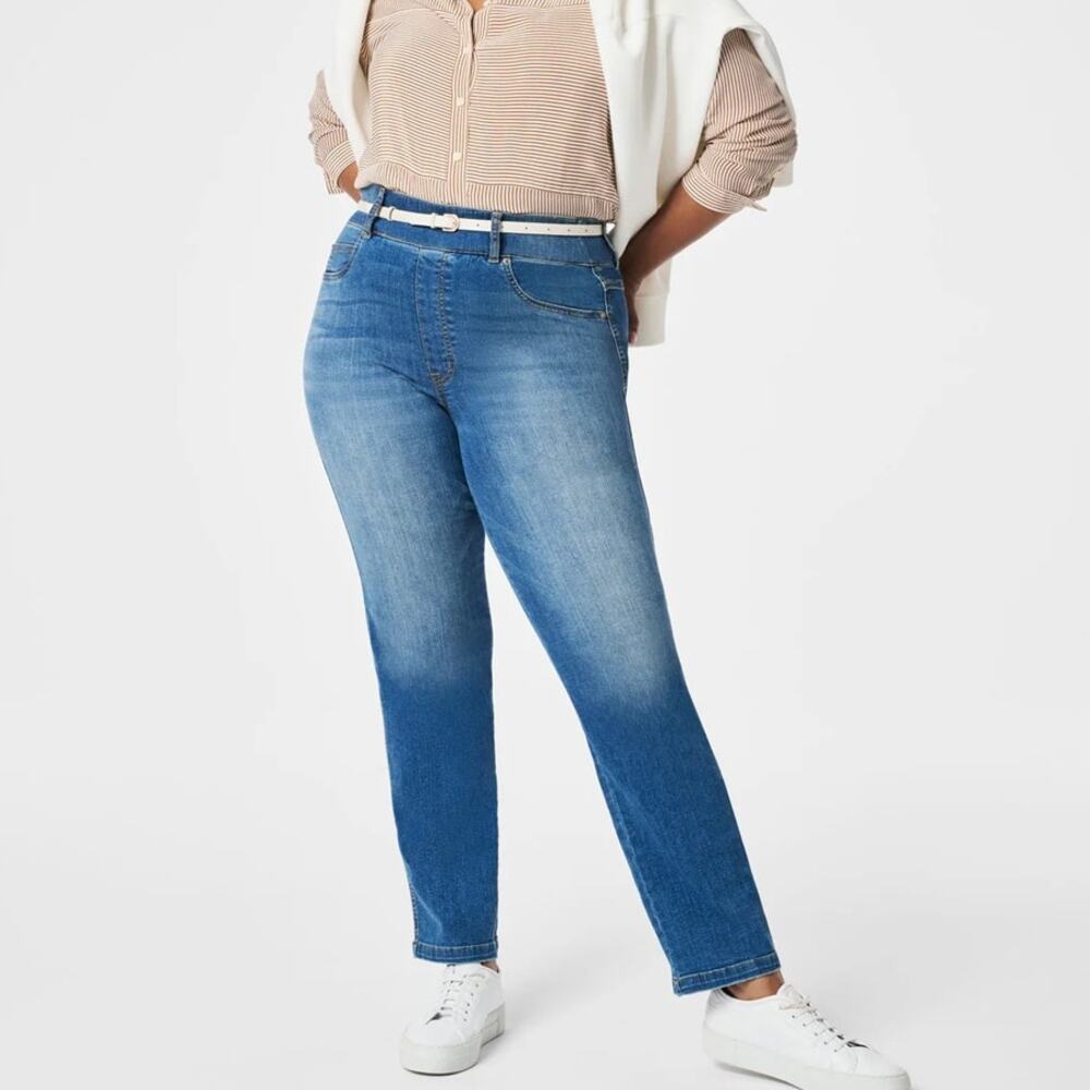 Spanx High Rise Medium Wash Denim Straight Leg Jeans Blue L